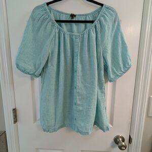 Talbot's Linen Seafoam Green Puff Sleeve Blouse with Faux Buttoned Front